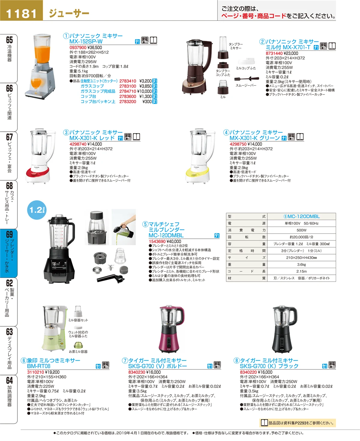 EBM業務用厨房用品カタログvol.19・ページ番号1181・ブレンダー・ジューサー・かき氷