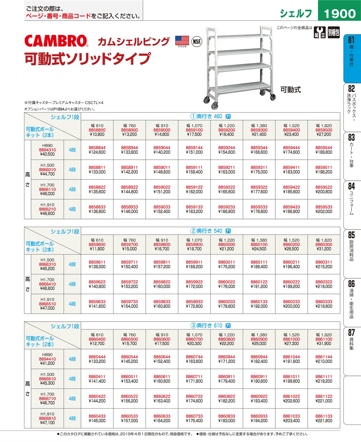 EBM業務用厨房用品カタログvol.19・ページ番号1900・棚・作業台