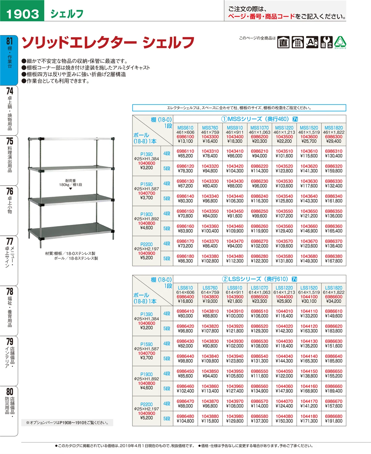 EBM業務用厨房用品カタログvol.19・ページ番号1903・棚・作業台