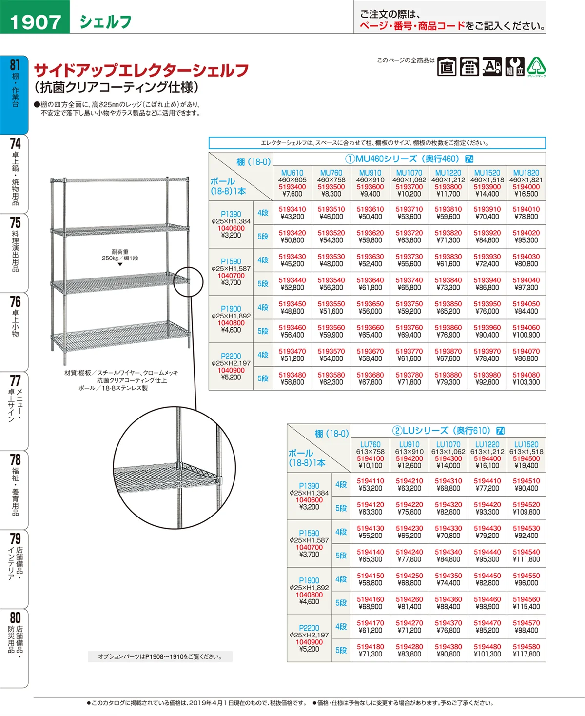 EBM業務用厨房用品カタログvol.19・ページ番号1907・棚・作業台