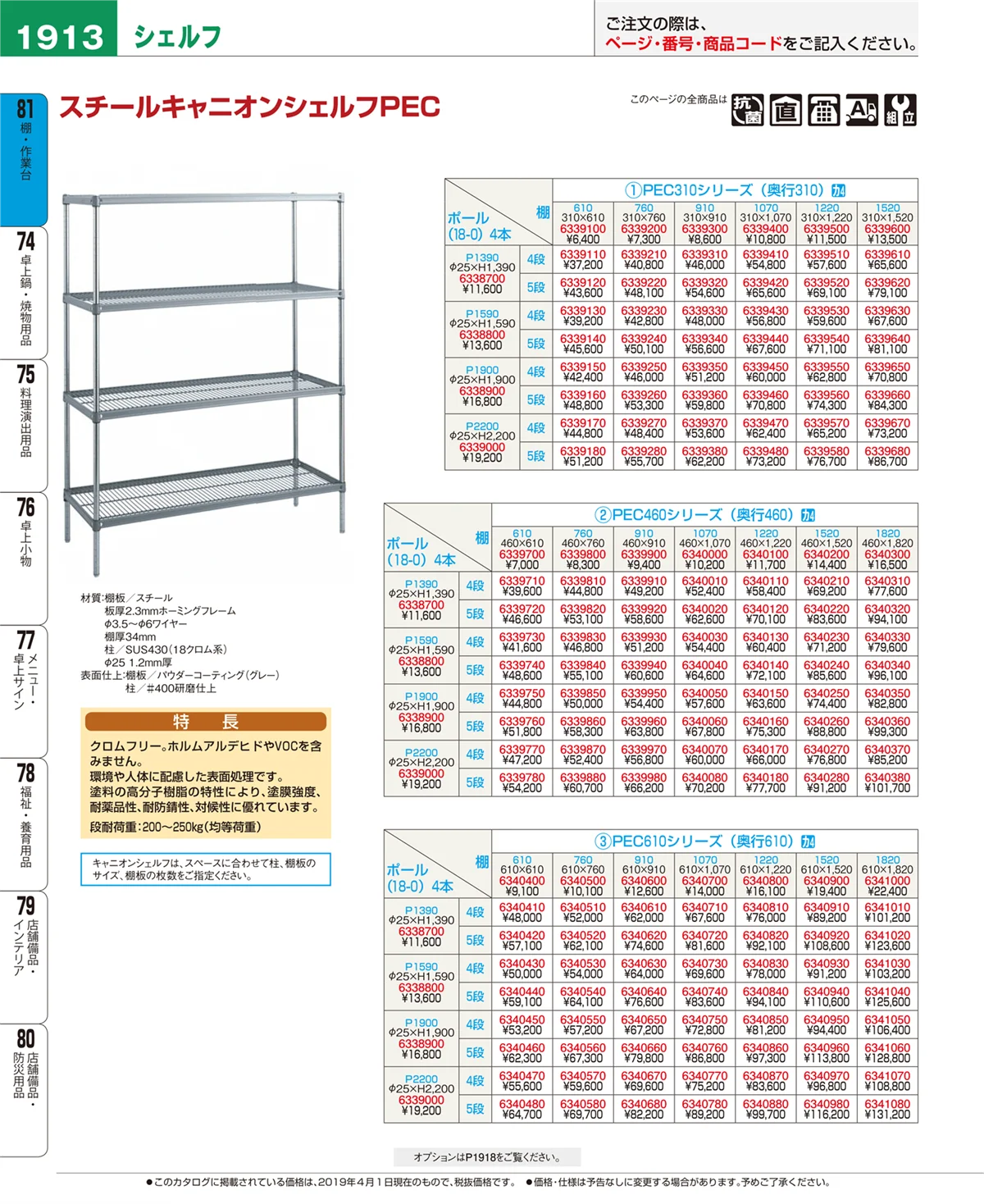 EBM業務用厨房用品カタログvol.19・ページ番号1913・棚・作業台