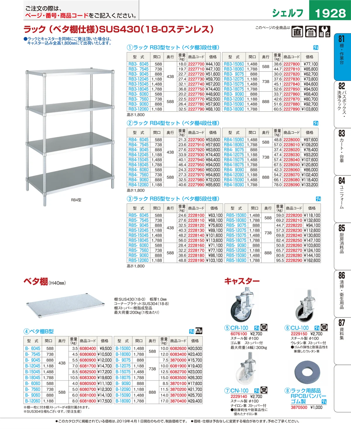 EBM業務用厨房用品カタログvol.19・ページ番号1928・棚・作業台