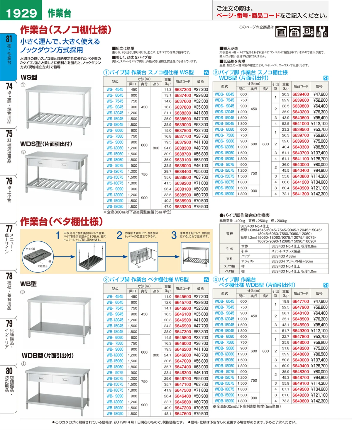 EBM業務用厨房用品カタログvol.19・ページ番号1929・棚・作業台
