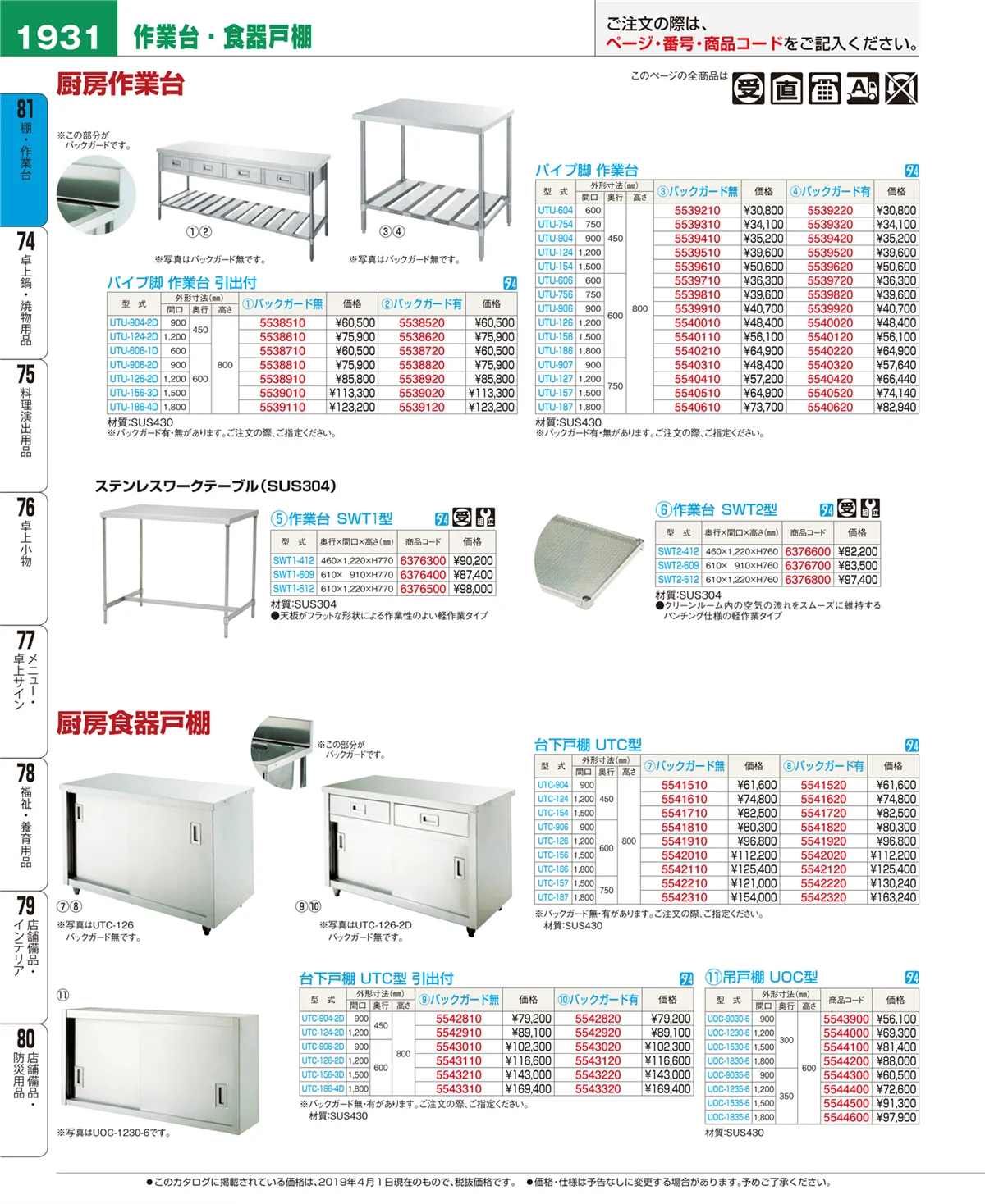 EBM業務用厨房用品カタログvol.19・ページ番号1931・棚・作業台