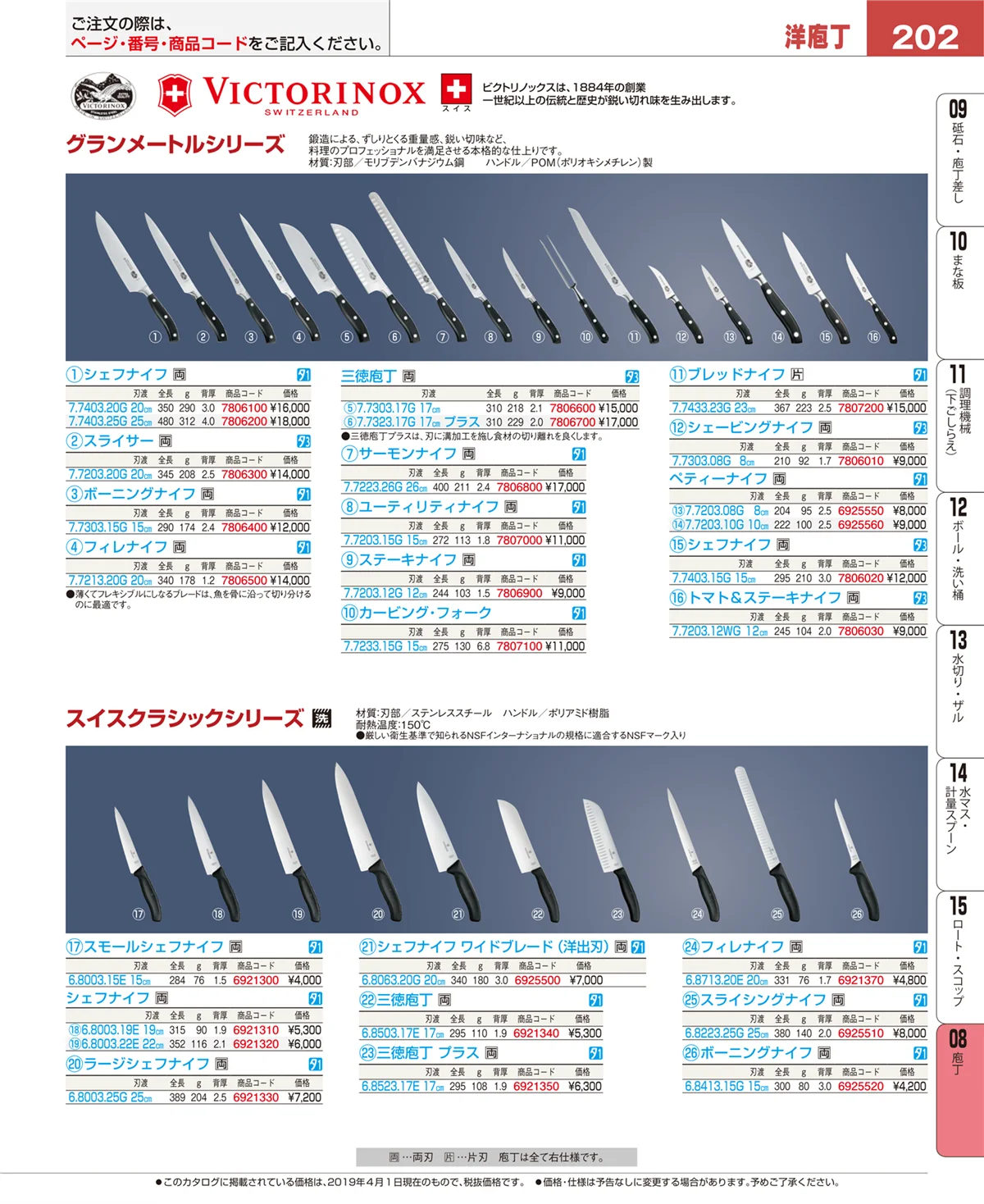 EBM業務用厨房用品カタログvol.19・ページ番号202・庖丁