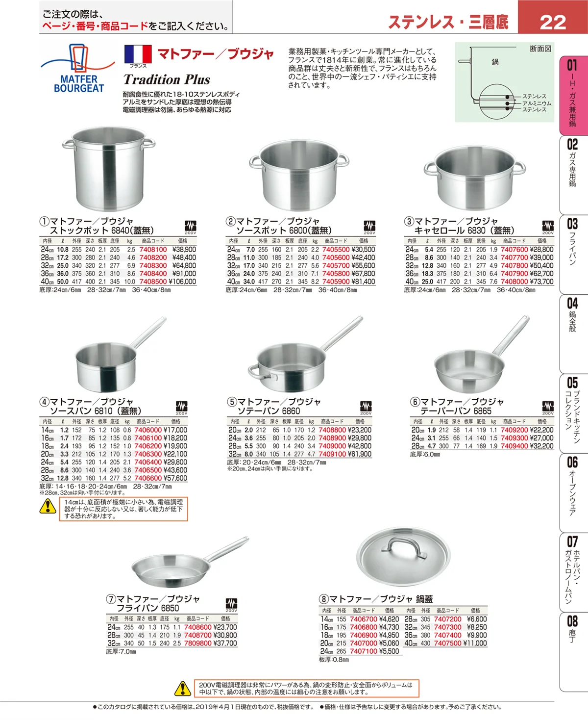 EBM業務用厨房用品カタログvol.19・ページ番号22・ＩＨ・ガス兼用鍋