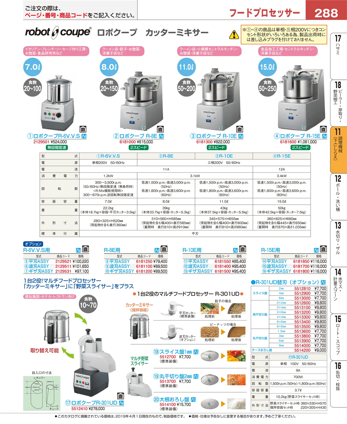 EBM業務用厨房用品カタログvol.19・ページ番号288・調理機械（下ごしらえ）