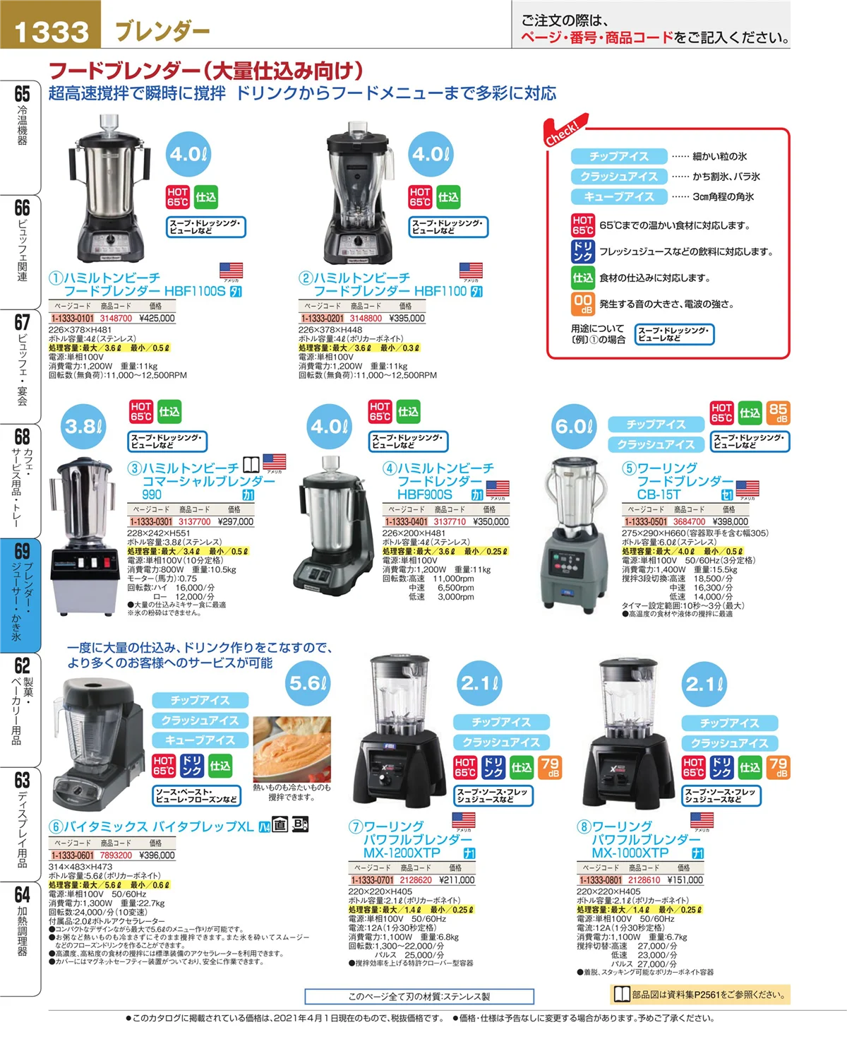 EBM業務用厨房用品カタログvol.21・ページ番号1333・ブレンダー・ジューサー・かき氷