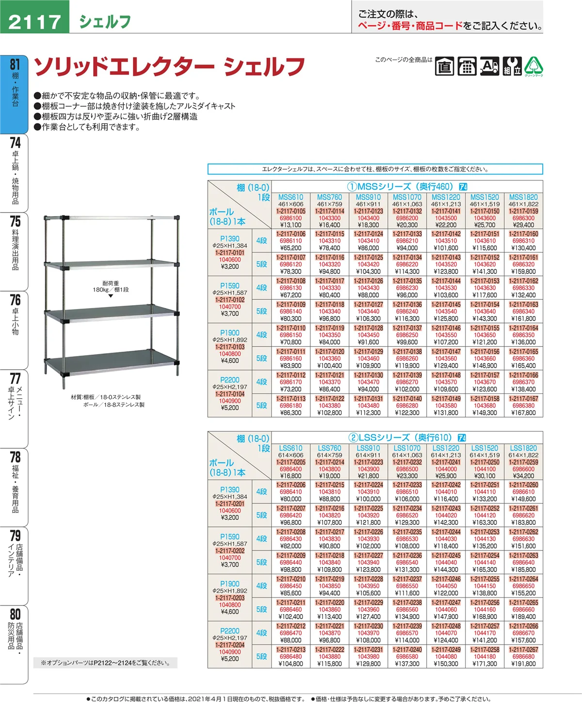 EBM業務用厨房用品カタログvol.21・ページ番号2117・棚・作業台