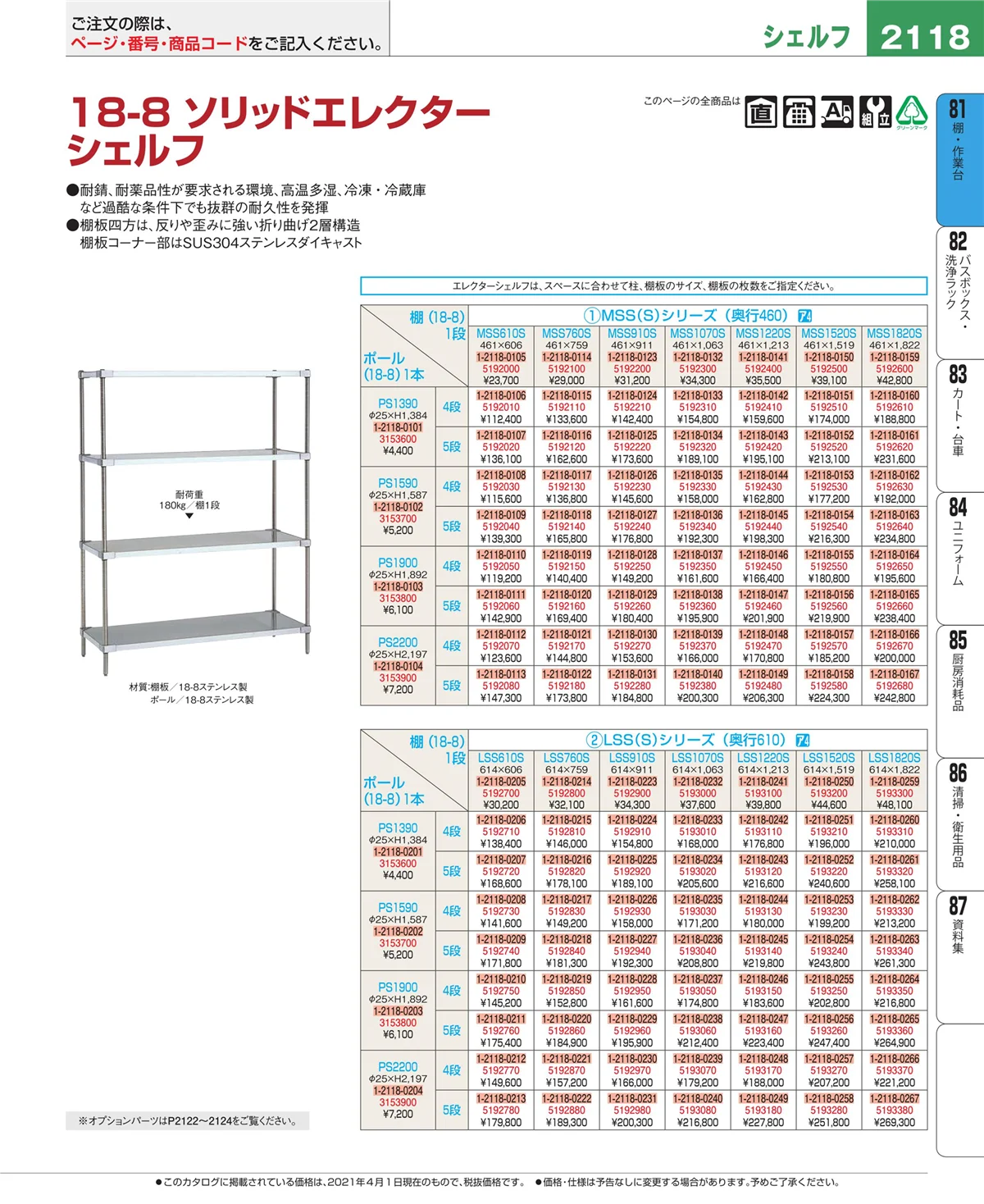 EBM業務用厨房用品カタログvol.21・ページ番号2118・棚・作業台