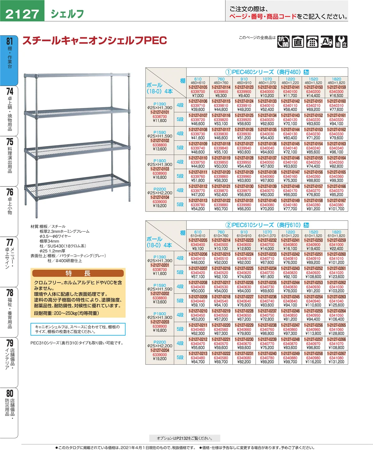 EBM業務用厨房用品カタログvol.21・ページ番号2127・棚・作業台