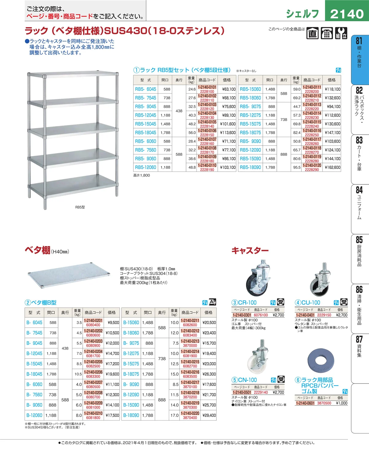 EBM業務用厨房用品カタログvol.21・ページ番号2140・棚・作業台