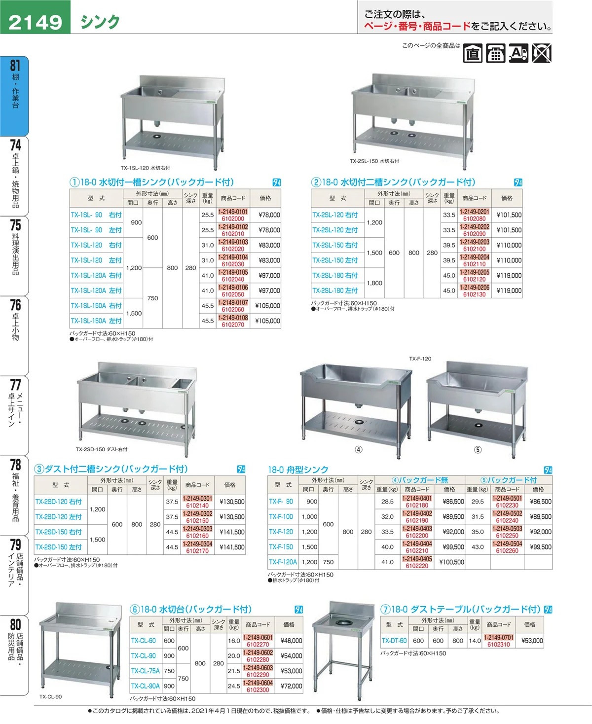 EBM業務用厨房用品カタログvol.21・ページ番号2149・棚・作業台
