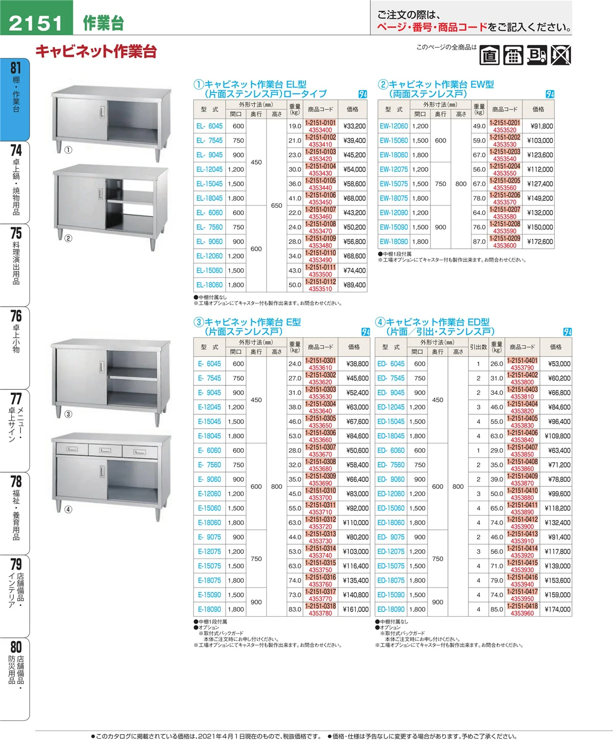 EBM業務用厨房用品カタログvol.21・ページ番号2151・棚・作業台