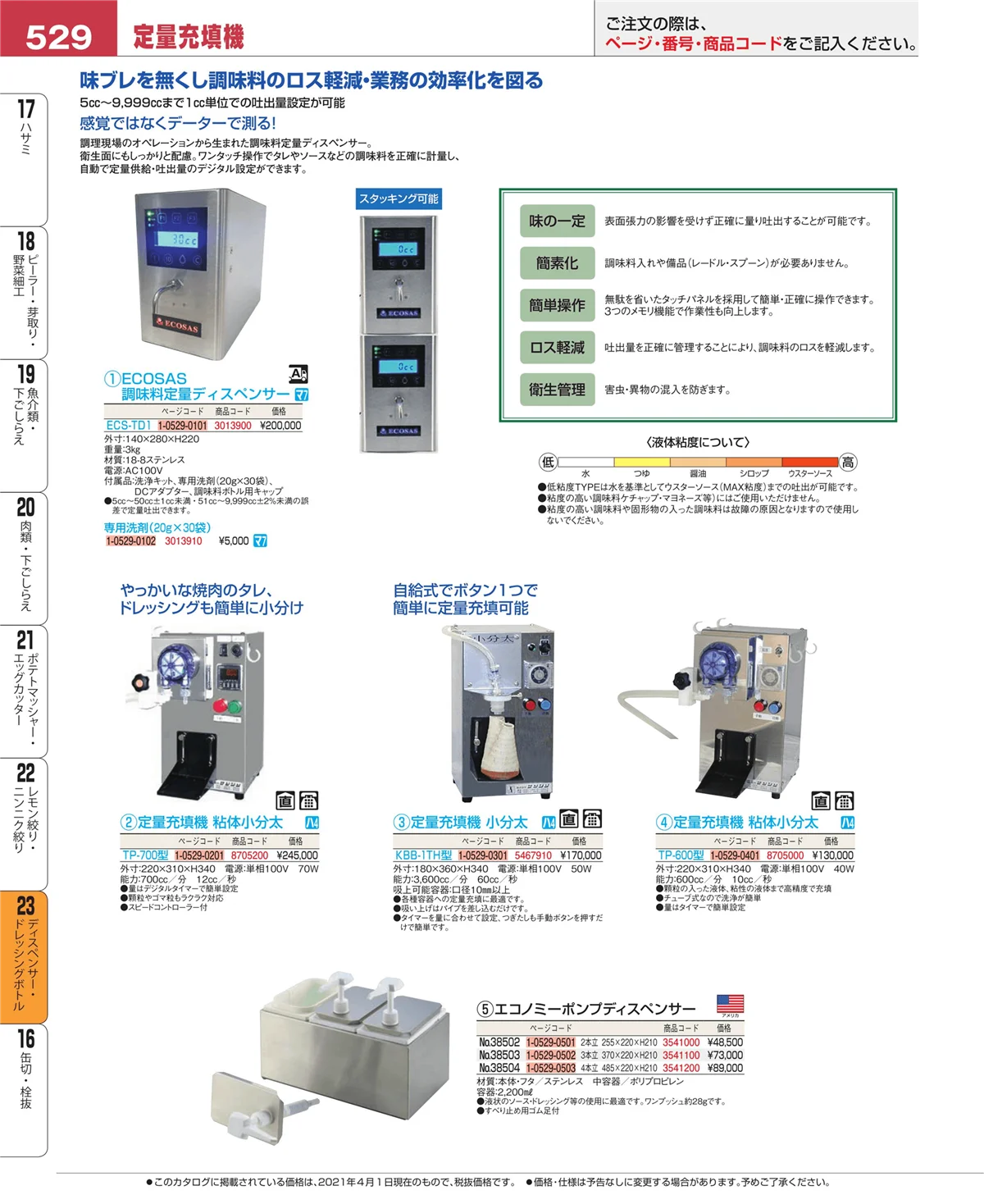 EBM業務用厨房用品カタログvol.21・ページ番号529・ディスペンサー・ドレッシングボトル