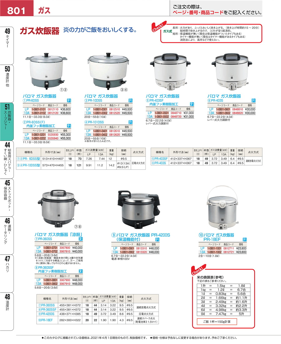 No.e21-0812610ﾊﾟﾛﾏ ｶﾞｽ炊飯器(取手折り畳式)PR-101DSS LP掲載ページ