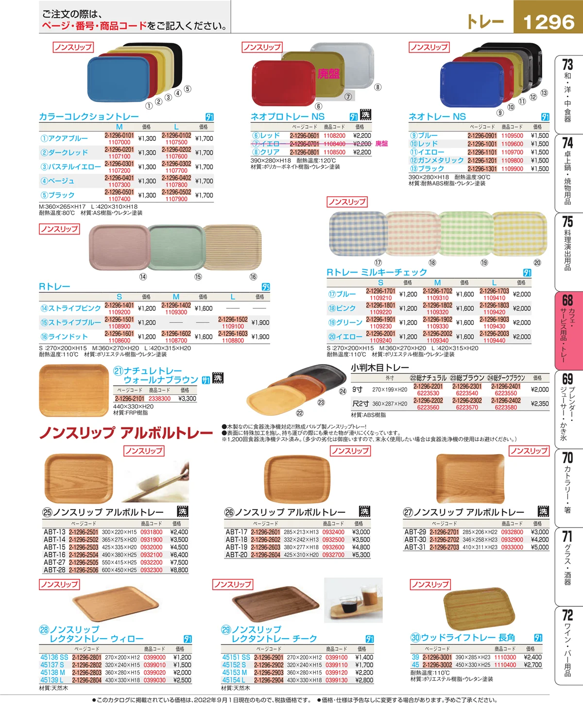 EBM業務用厨房用品カタログvol.22・ページ番号1296・カフェ・サービス用品・トレー