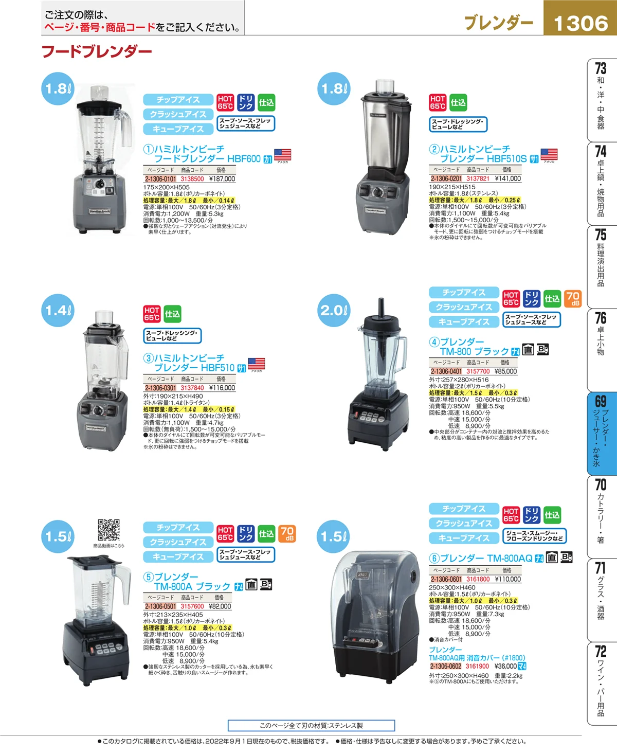 EBM業務用厨房用品カタログvol.22・ページ番号1306・ブレンダー・ジューサー・かき氷