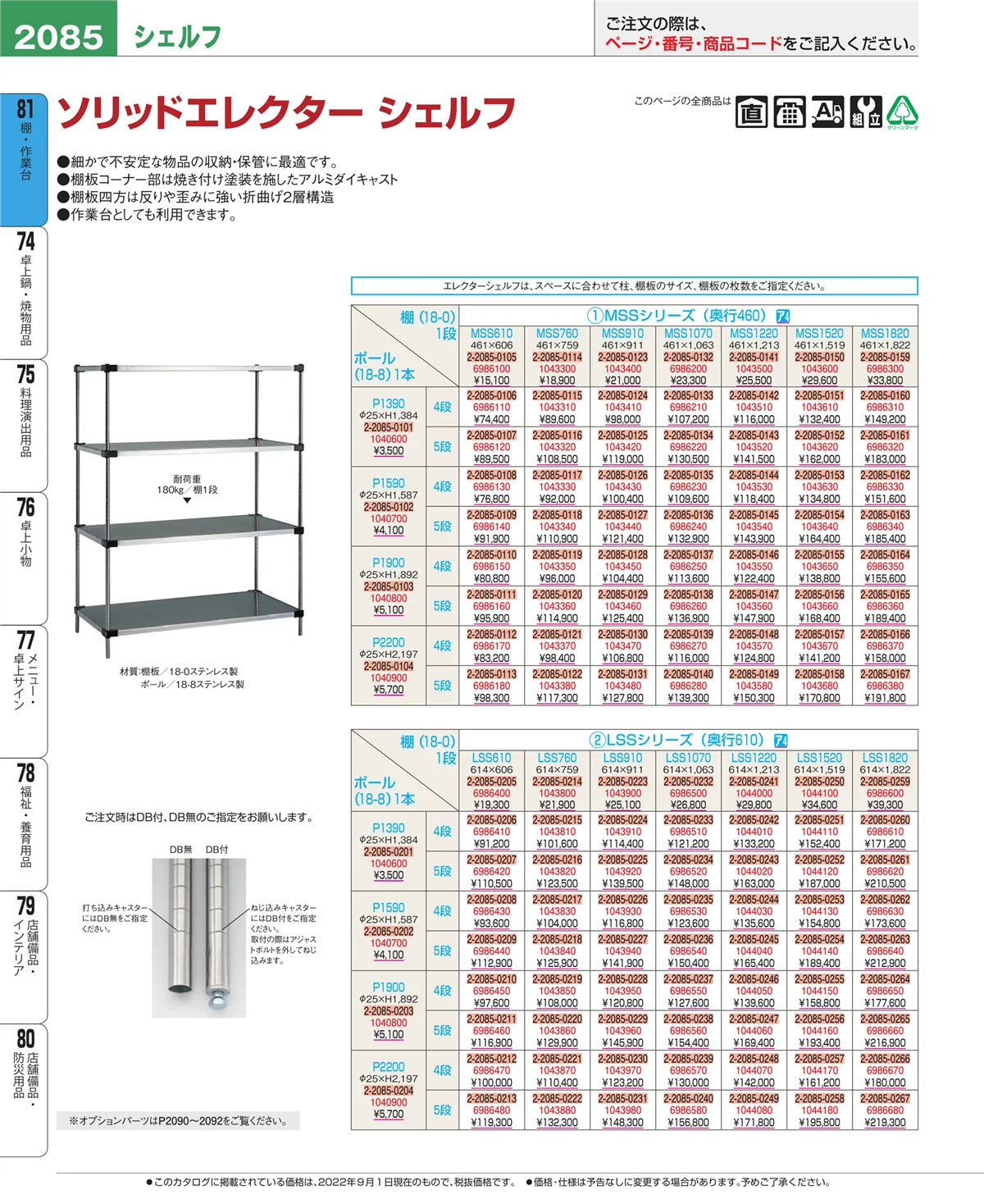 EBM業務用厨房用品カタログvol.22・ページ番号2085・棚・作業台