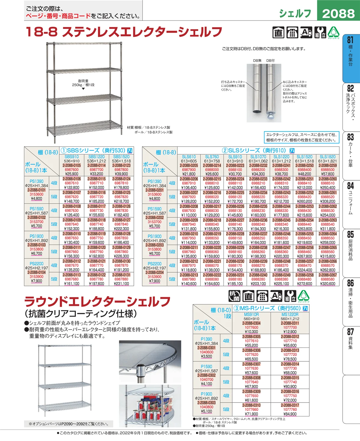 EBM業務用厨房用品カタログvol.22・ページ番号2088・棚・作業台