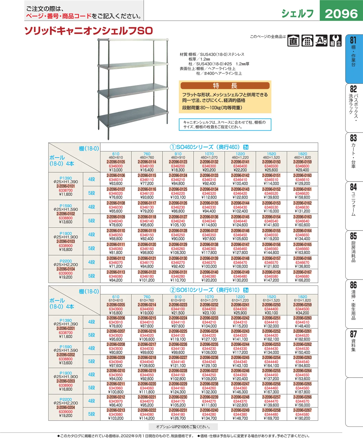 EBM業務用厨房用品カタログvol.22・ページ番号2096・棚・作業台