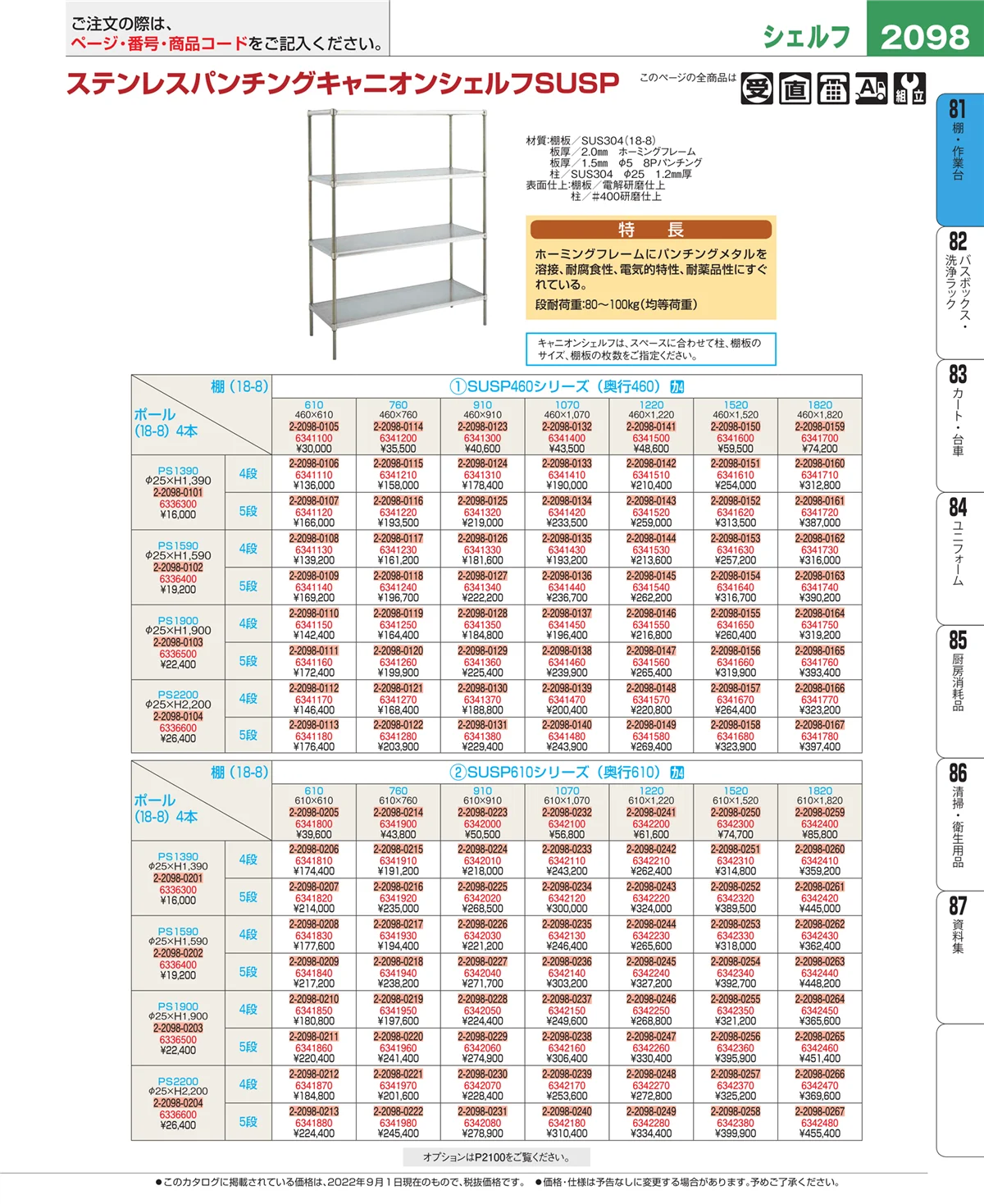 EBM業務用厨房用品カタログvol.22・ページ番号2098・棚・作業台