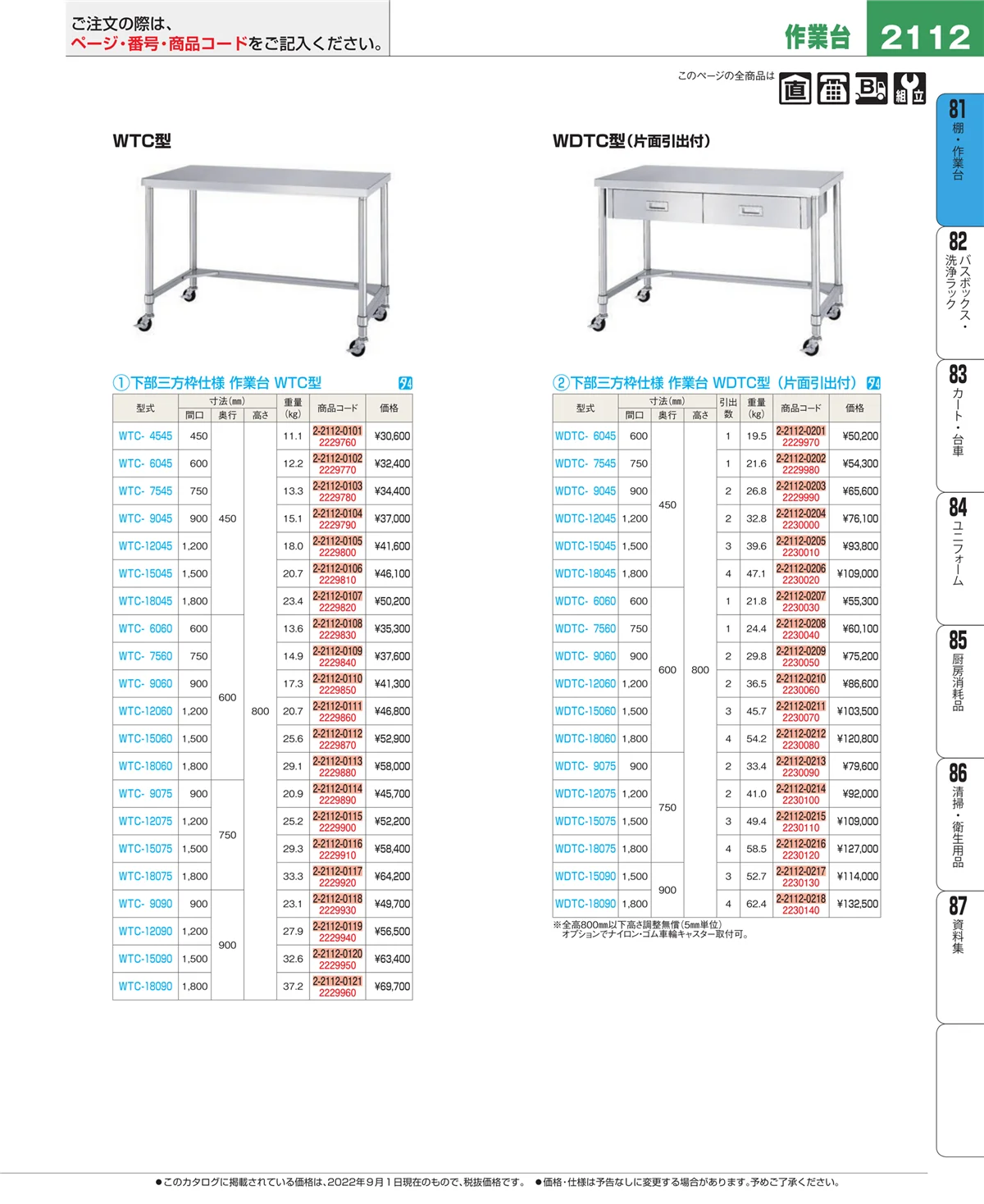 EBM業務用厨房用品カタログvol.22・ページ番号2112・棚・作業台