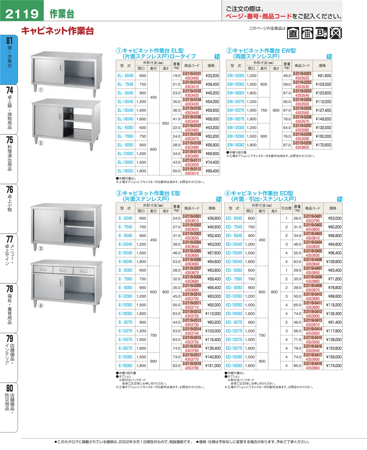 EBM業務用厨房用品カタログvol.22・ページ番号2119・棚・作業台