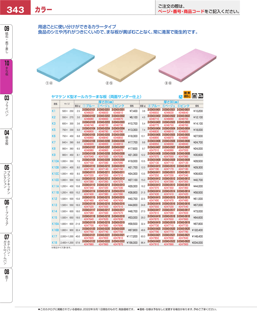 ヤマケン Ｋ型オールカラーまな板 Ｋ１１Ａ １２００×４５０×３０