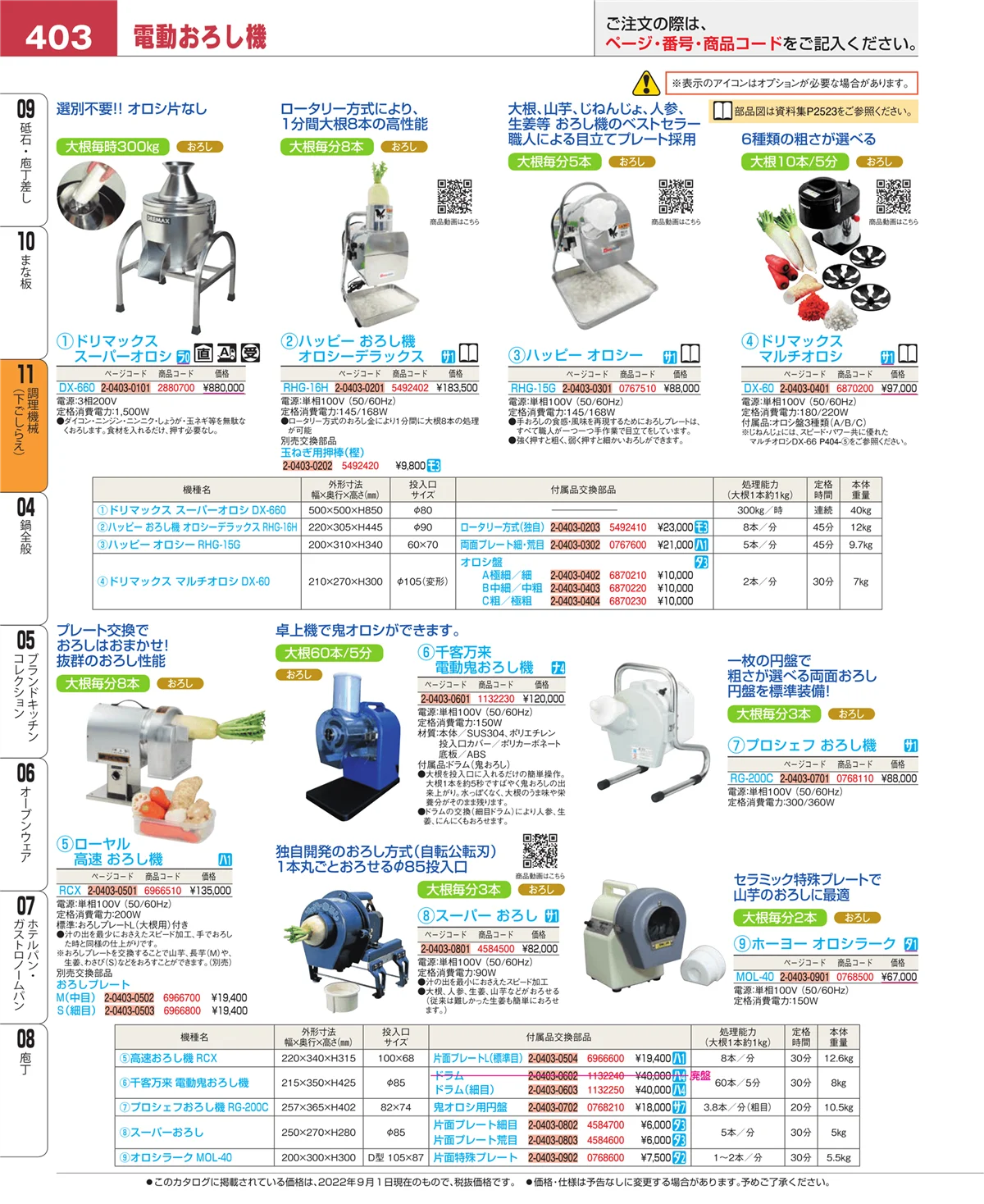 EBM業務用厨房用品カタログvol.22・ページ番号403・調理機械（下ごしらえ）