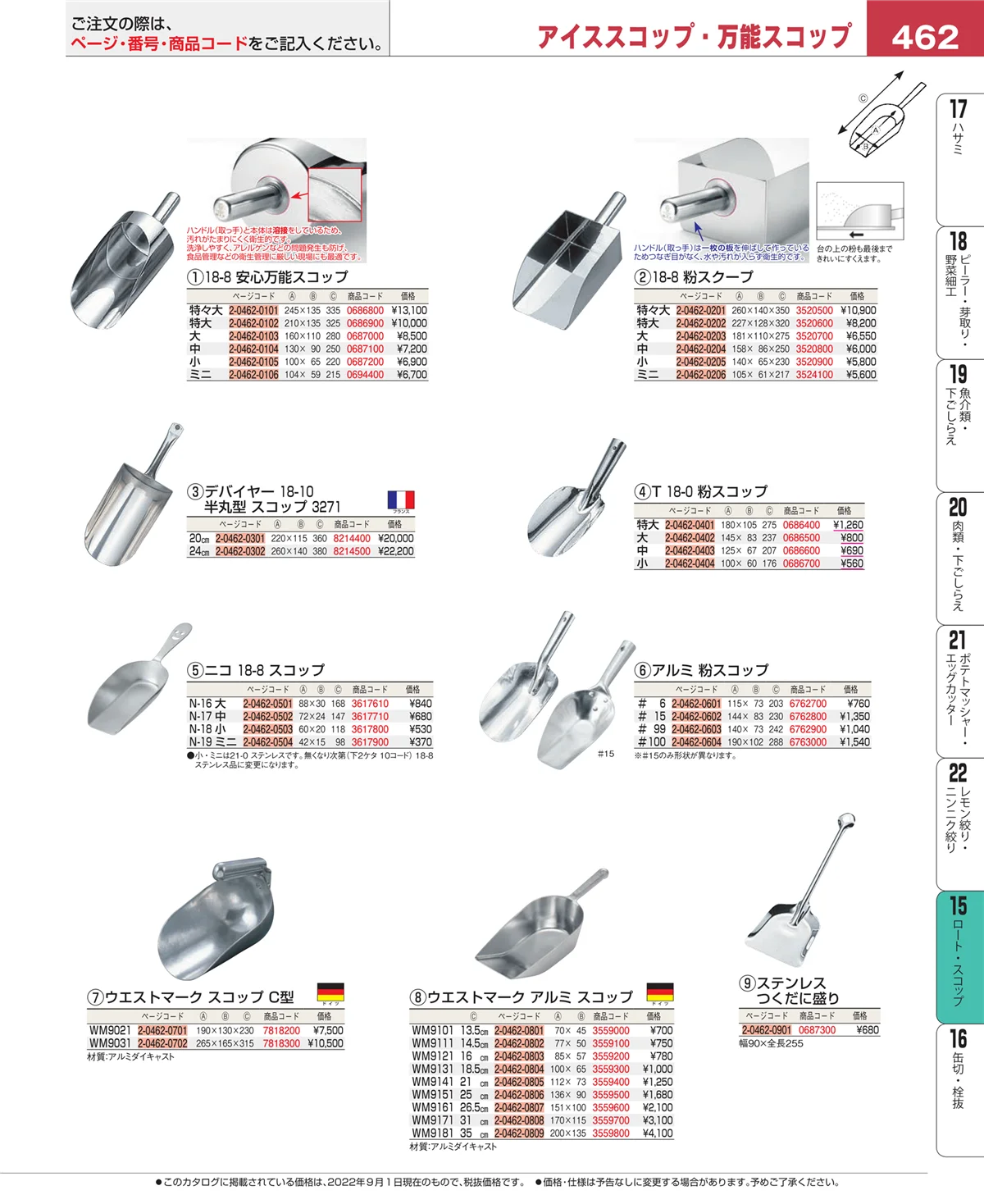 EBM業務用厨房用品カタログvol.22・ページ番号462・ロート・スコップ