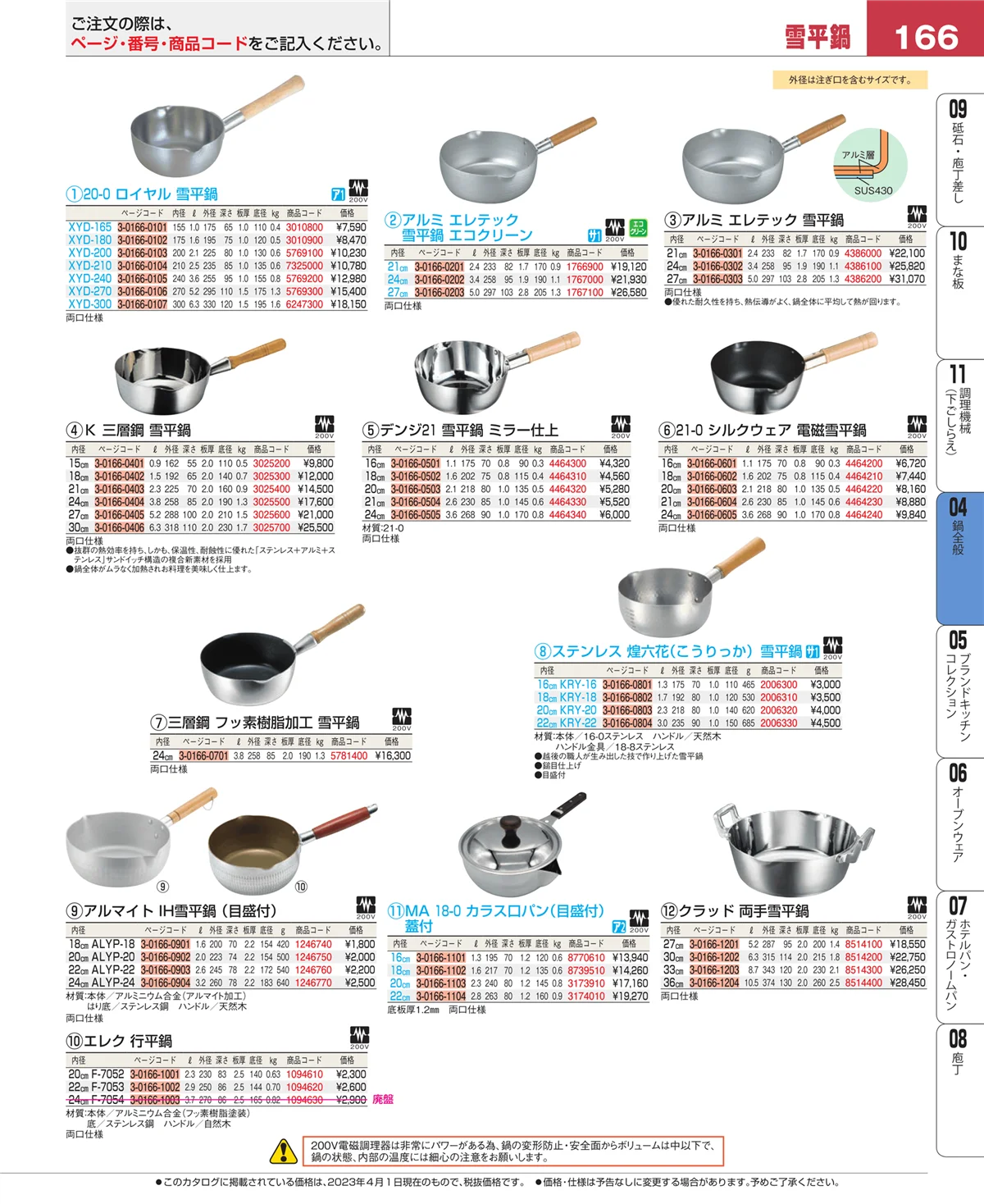 EBM業務用厨房用品カタログvol.23・ページ番号166・鍋全般