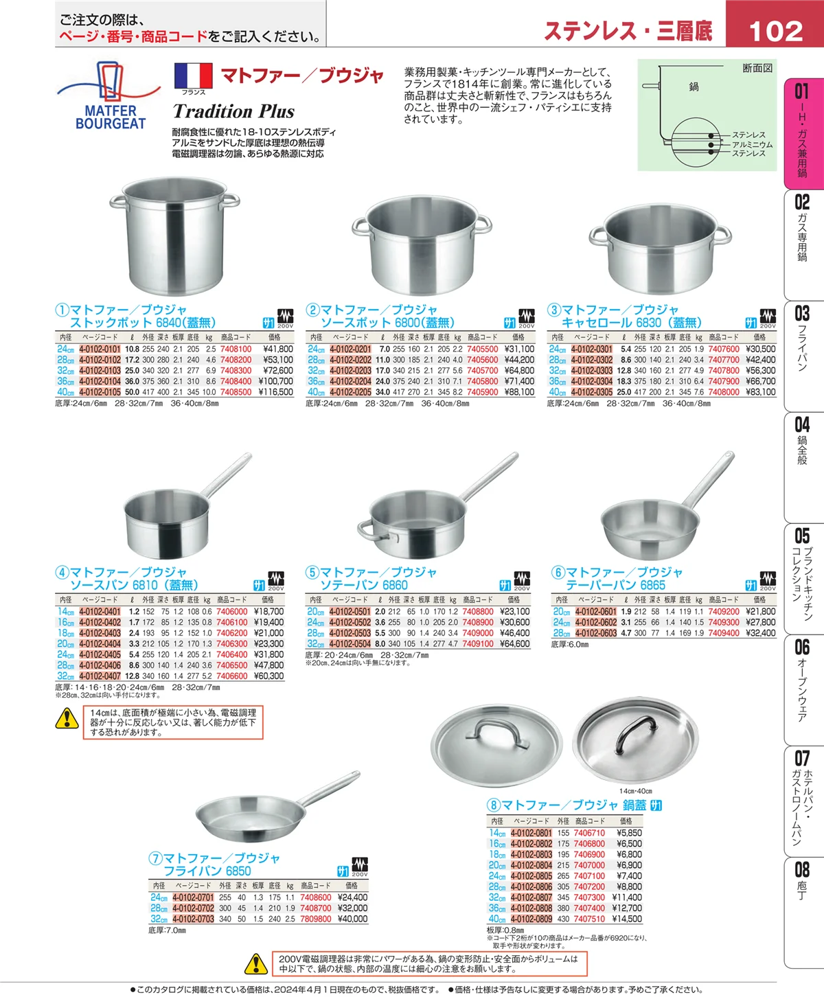 EBM業務用厨房用品カタログvol.24・ページ番号102・ＩＨ・ガス兼用鍋