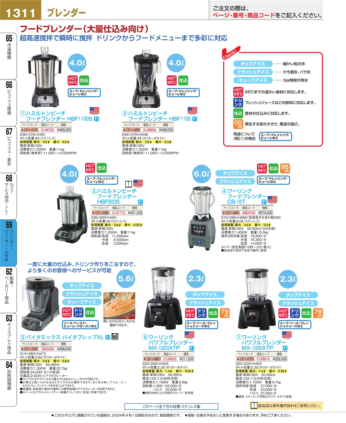 EBM業務用厨房用品カタログvol.24・ページ番号1311・ブレンダー・ジューサー・かき氷