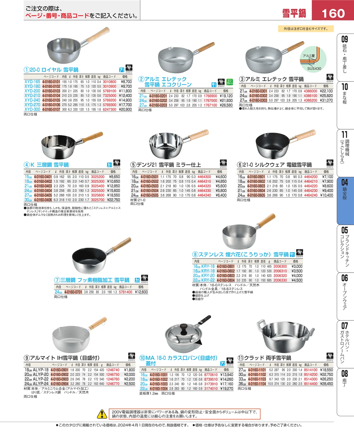 EBM業務用厨房用品カタログvol.24・ページ番号160・鍋全般