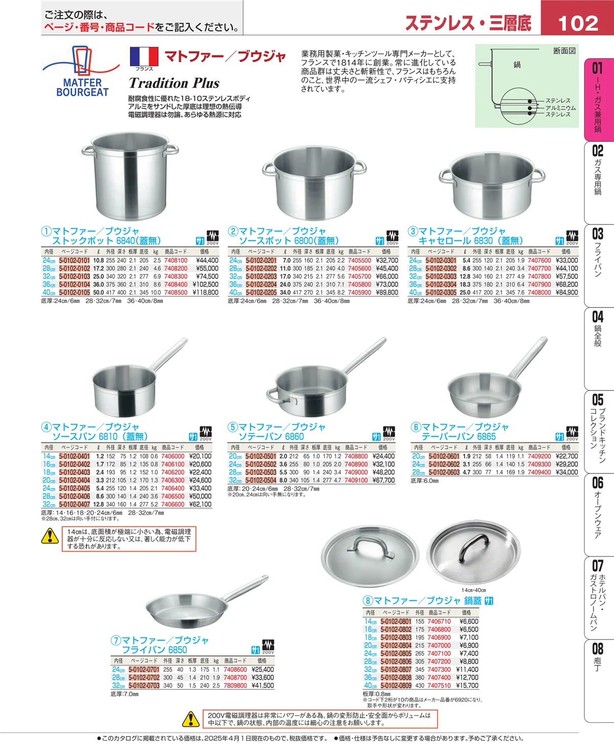 EBM業務用厨房用品カタログvol.25・ページ番号102・ＩＨ・ガス兼用鍋