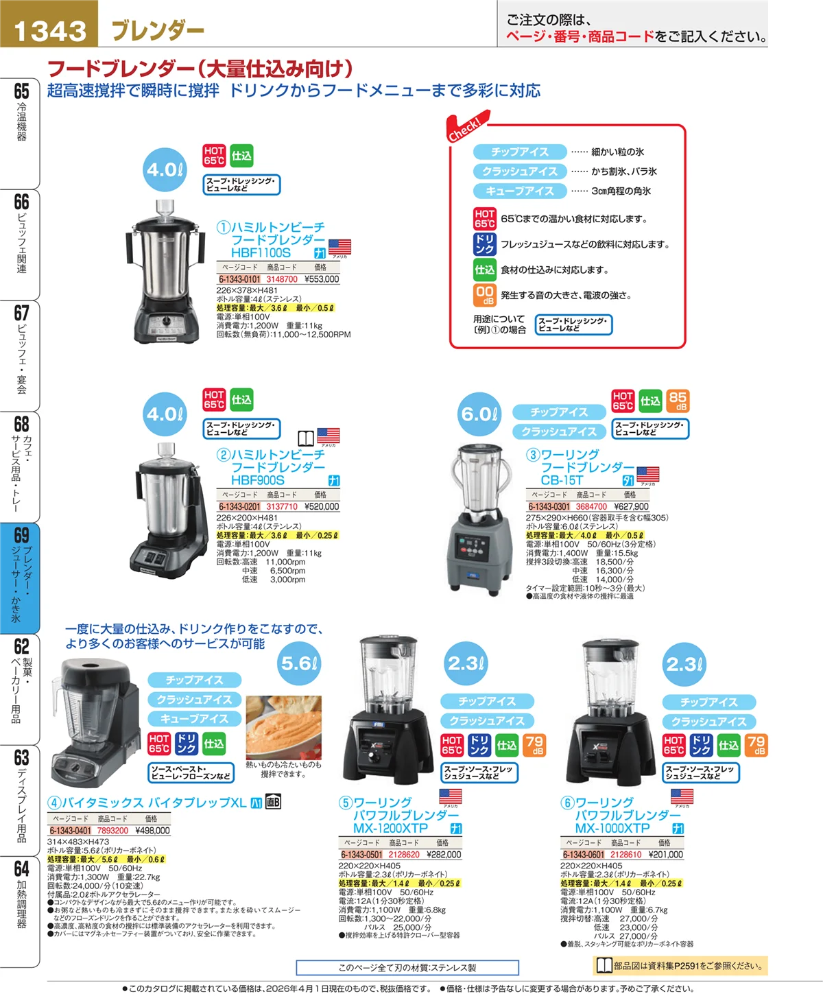 EBM業務用厨房用品カタログvol.26・ページ番号1343・ブレンダー・ジューサー・かき氷
