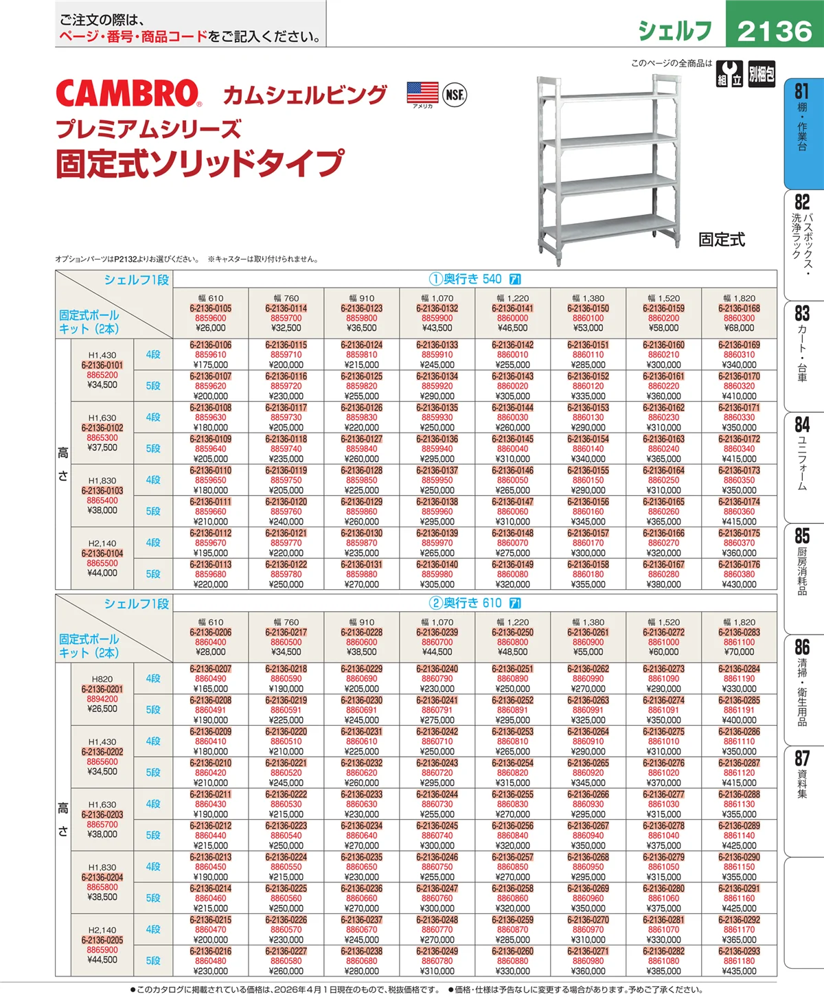 EBM業務用厨房用品カタログvol.26・ページ番号2136・棚・作業台