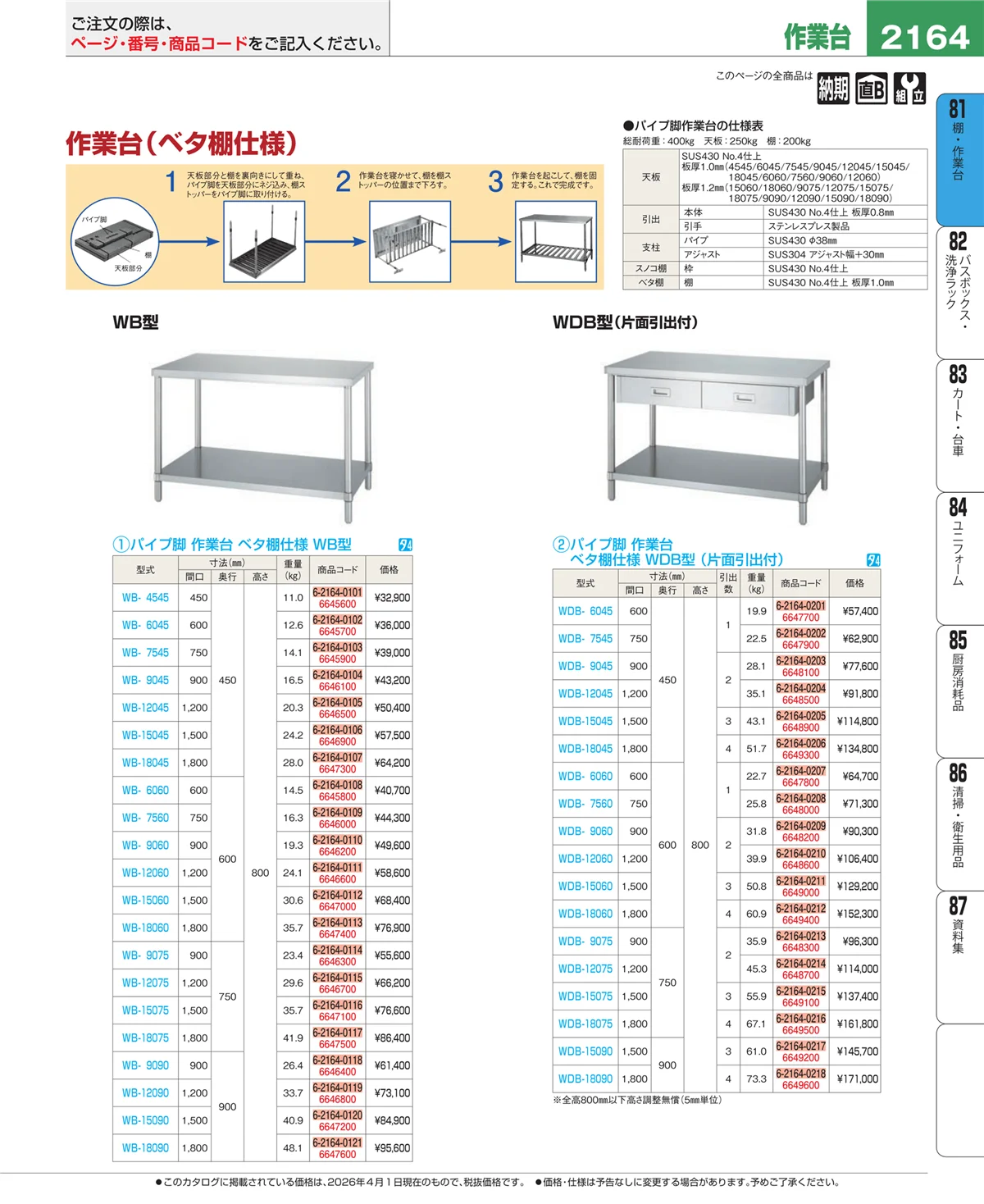 EBM業務用厨房用品カタログvol.26・ページ番号2164・棚・作業台