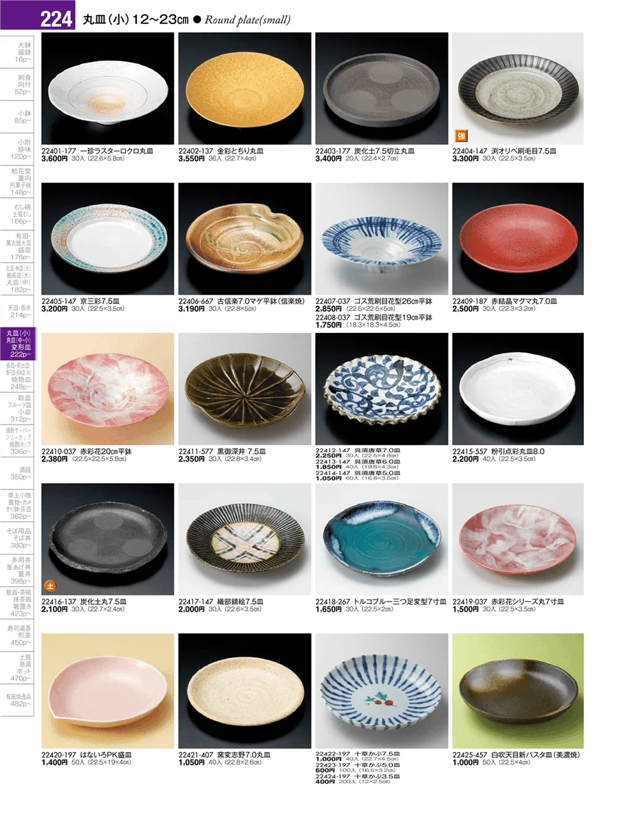 丸皿・正角皿・変形皿・長皿（中・小）・突出皿（大・中・小）・楕円皿 ページ224