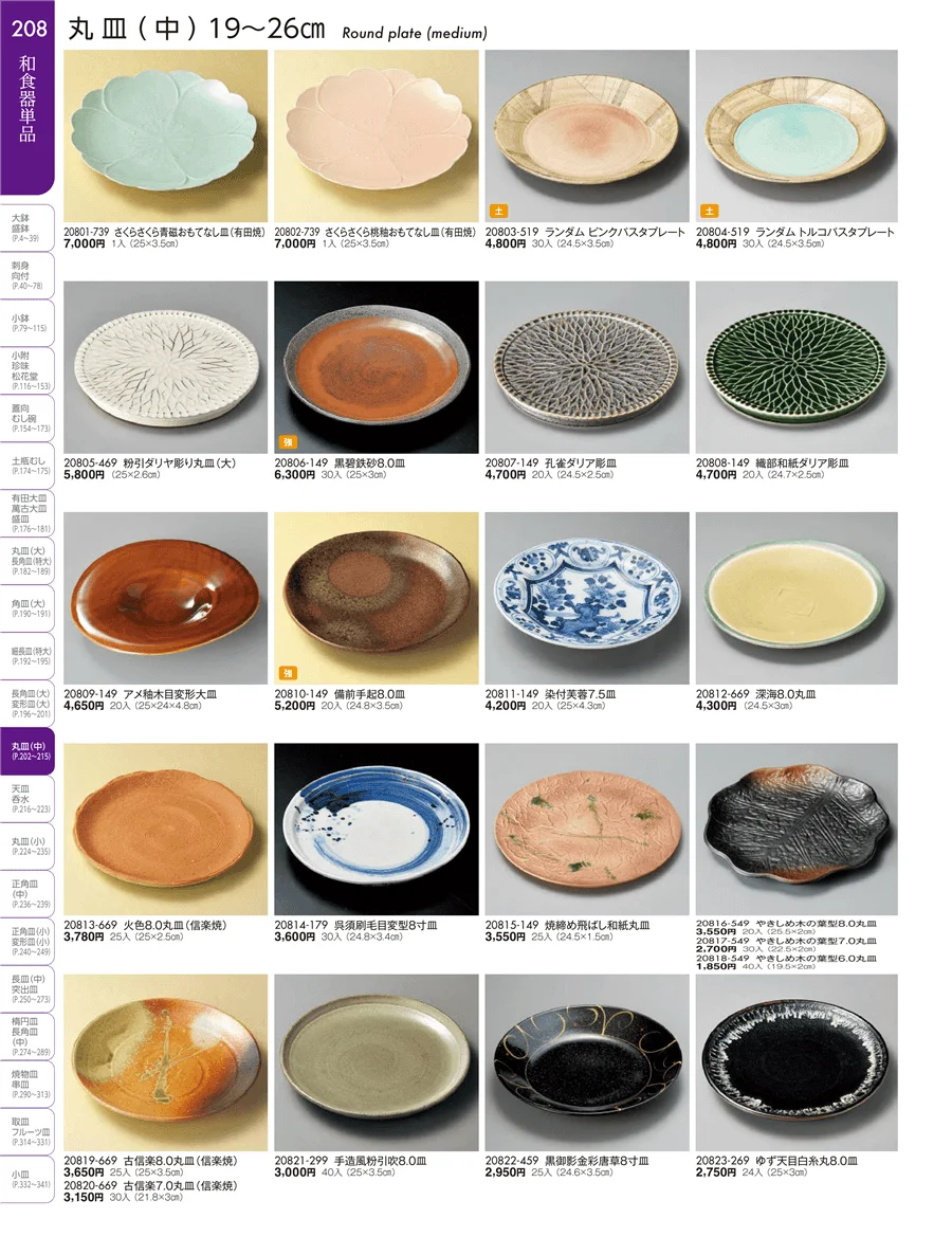 盛皿・丸皿・長角皿・角皿・細長皿・変型皿（特大・大・中） ページ208