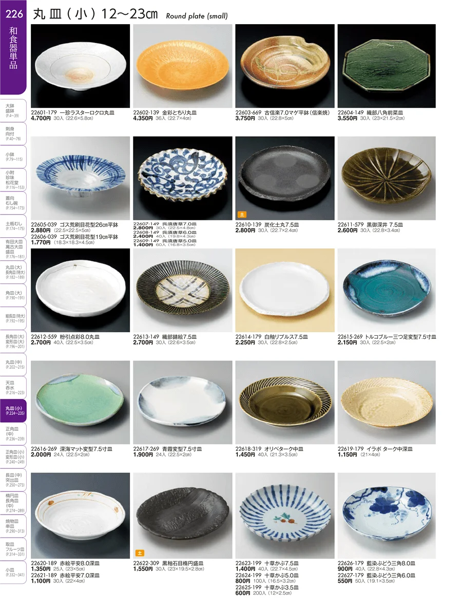丸皿・正角皿・変形皿・長皿（中・小）・突出皿（大・中・小）・楕円皿 ページ226