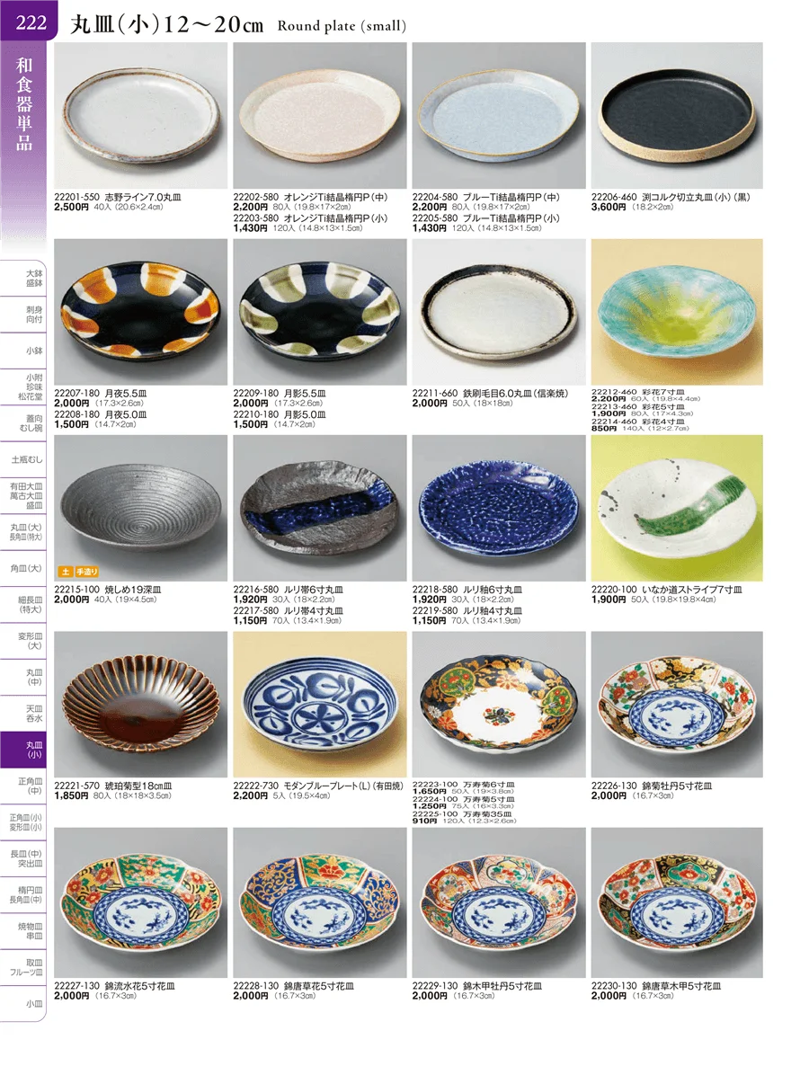 丸皿（小）・正角皿・変型皿・長皿（中・小）・突出皿（大・中・小）・楕円皿 ページ222