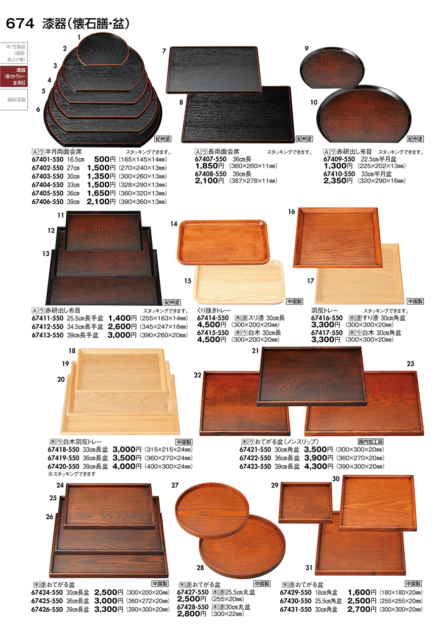 木製品･漆器（椀･カトラリー･懐石膳･盆･茶托） ページ674